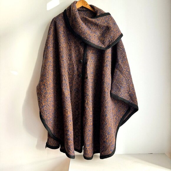 Vintage wool Borw Blue Woven Button Closure Neck Detail Cape OS - Picture 1 of 6